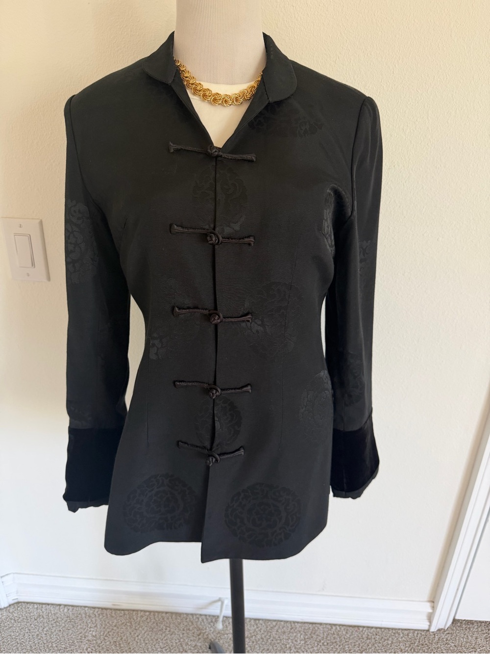 Women's Black Mandarin-Collar Blazer with Knot Closures